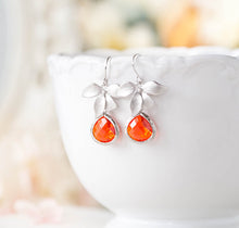 Load image into Gallery viewer, Orange Tangerine Earrings, Silver Orchid Flower Earrings, Orange Wedding Jewelry, Bridesmaid Earrings, Bridal Party Gift, Valentines gift
