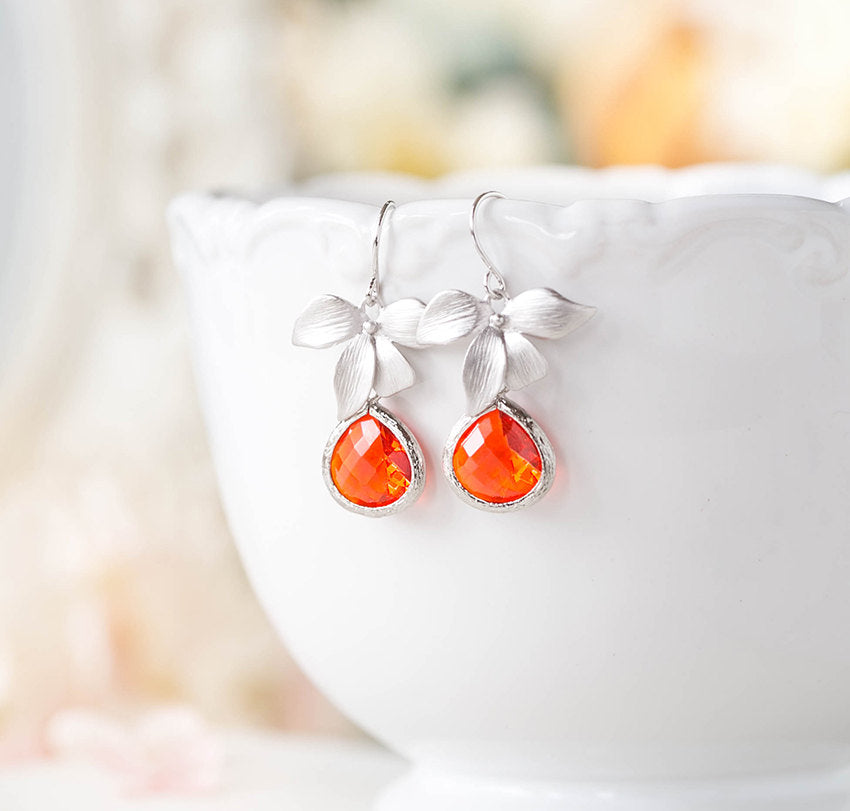 Orange Tangerine Earrings, Silver Orchid Flower Earrings, Orange Wedding Jewelry, Bridesmaid Earrings, Bridal Party Gift, Valentines gift