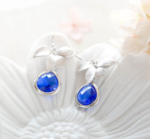 Load image into Gallery viewer, Cobalt Blue Earrings, Silver Orchid Flower Dangle Earrings, Sapphire Drop Earrings, Cobalt Wedding Bridesmaid Earrings, Bridal Party Gift
