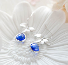 Load image into Gallery viewer, Cobalt Blue Earrings, Silver Orchid Flower Dangle Earrings, Sapphire Drop Earrings, Cobalt Wedding Bridesmaid Earrings, Bridal Party Gift
