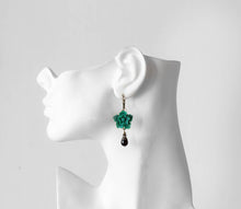 Load image into Gallery viewer, Emerald Green Earrings, Dark Green Flower Black Teardrop Pearl Dangle Earrings, Emerald Green Wedding, Leaverback Earrings, Gift for Her
