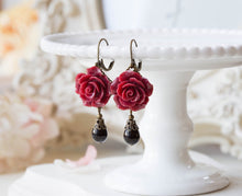 Load image into Gallery viewer, Dark Red Earrings, Maroon Burgundy Marsala Flower Black Teardrop Pearl Dangle Earrings Wedding Jewelry Bridesmaid Gift Valentines day gift
