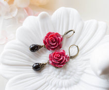 Load image into Gallery viewer, Dark Red Earrings, Maroon Burgundy Marsala Flower Black Teardrop Pearl Dangle Earrings Wedding Jewelry Bridesmaid Gift Valentines day gift
