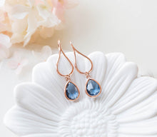 Load image into Gallery viewer, Rose Gold Navy Blue Dangle Earrings, Sapphire Blue Glass Drop Earrings, Navy Wedding Bridesmaid Earrings, Gift for Wife Mom, Valentines gift
