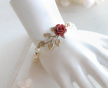 画像をギャラリービューアに読み込む, Red Rose Flower Brass Leaf Branch Beaded Cream Ivory Pearl Bracelet, Flower Girl Gift, Bridesmaid Bracelet, Wedding Jewelry, Gift for Her
