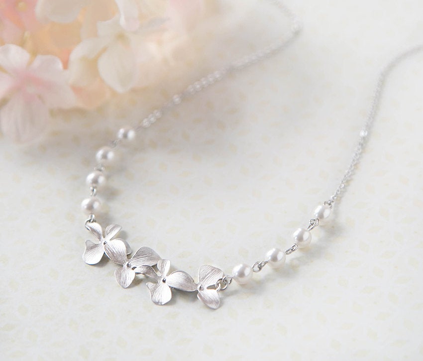 Bridal Necklace Silver Wedding Jewelry Bridesmaid Necklace Silver Cascading Orchid Flowers Swarovski White Pearls Necklace Gift for Her