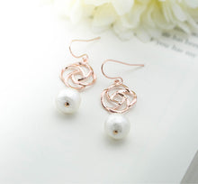 Load image into Gallery viewer, Rose Gold White Cotton Pearls Earrings, Bridal Earrings, Rose Gold Jewelry, Wedding Pearl Jewelry, Bridesmaid Gift, Light Weight
