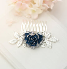 Load image into Gallery viewer, Bridal Hair Comb Navy Blue Something Blue Wedding Hair Accessory Silver Leaf Hair Comb Dark Navy Blue Rose Flower Hair Comb Bridal Hairpiece
