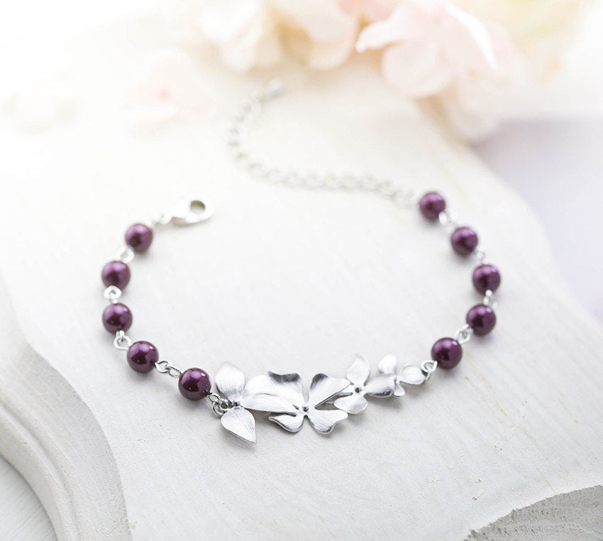 Plum Marsala Burgundy Wedding Bracelet Silver Bridal Bracelet Bridesmaid Gift Plum Purple Pearls Bracelet Wedding Jewelry Christmas Giftgift