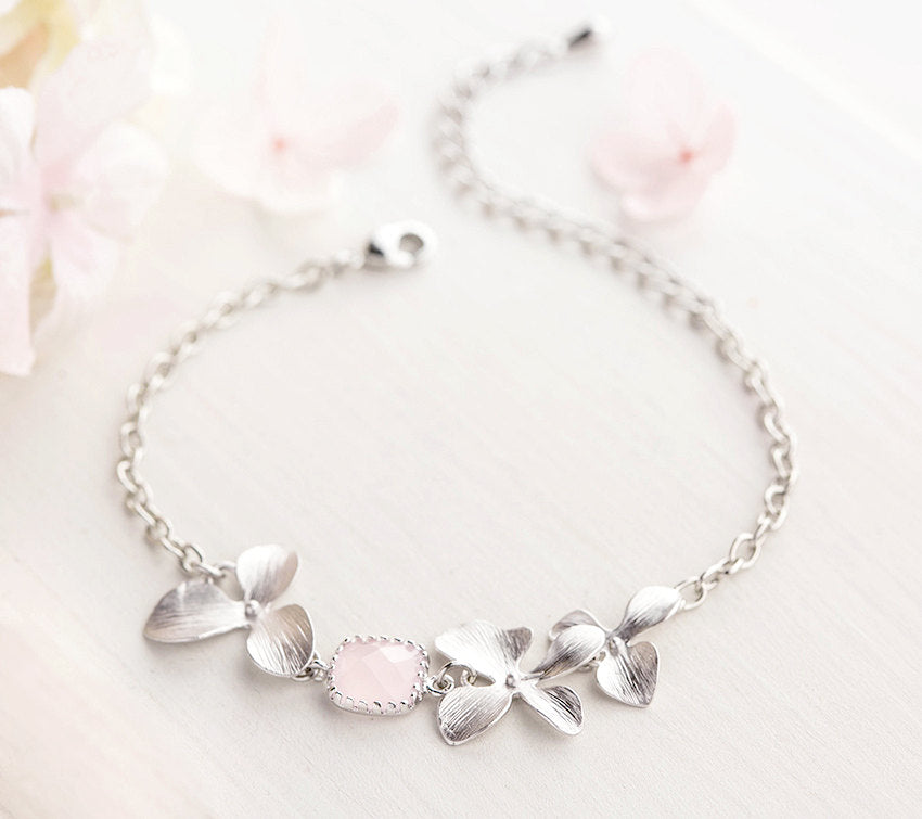 Bridesmaid Bracelet Blush Pink Wedding Jewelry Bridal Bracelet Silver Orchid Flower Adjustable Bracelet Maid of Honor Flower Girl Gift