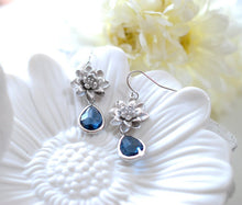 Load image into Gallery viewer, Silver Lotus Flowers Dark Sapphire Blue Crystal Drop Earrings
