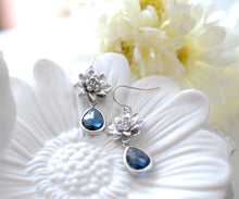 Load image into Gallery viewer, Silver Lotus Flowers Dark Sapphire Blue Crystal Drop Earrings
