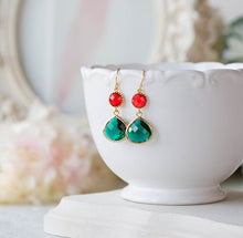 Load image into Gallery viewer, Christmas Earrings, Christmas Jewelry, Red and Green Earrings, Ruby Emerald Glass Stone Gold Dangle Earrings, Christmas Party Gift for Her
