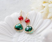 Load image into Gallery viewer, Christmas Earrings, Christmas Jewelry, Red and Green Earrings, Ruby Emerald Glass Stone Gold Dangle Earrings, Christmas Party Gift for Her
