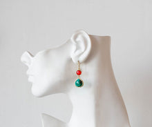 Load image into Gallery viewer, Christmas Earrings, Christmas Jewelry, Red and Green Earrings, Ruby Emerald Glass Stone Gold Dangle Earrings, Christmas Party Gift for Her
