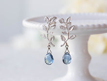 Load image into Gallery viewer, Silver Leaf Branch Post Earrings, Navy Blue Sapphire September Birthstone, London Blue Quartz, Gift for Mom Wife, Christmas Gift for her
