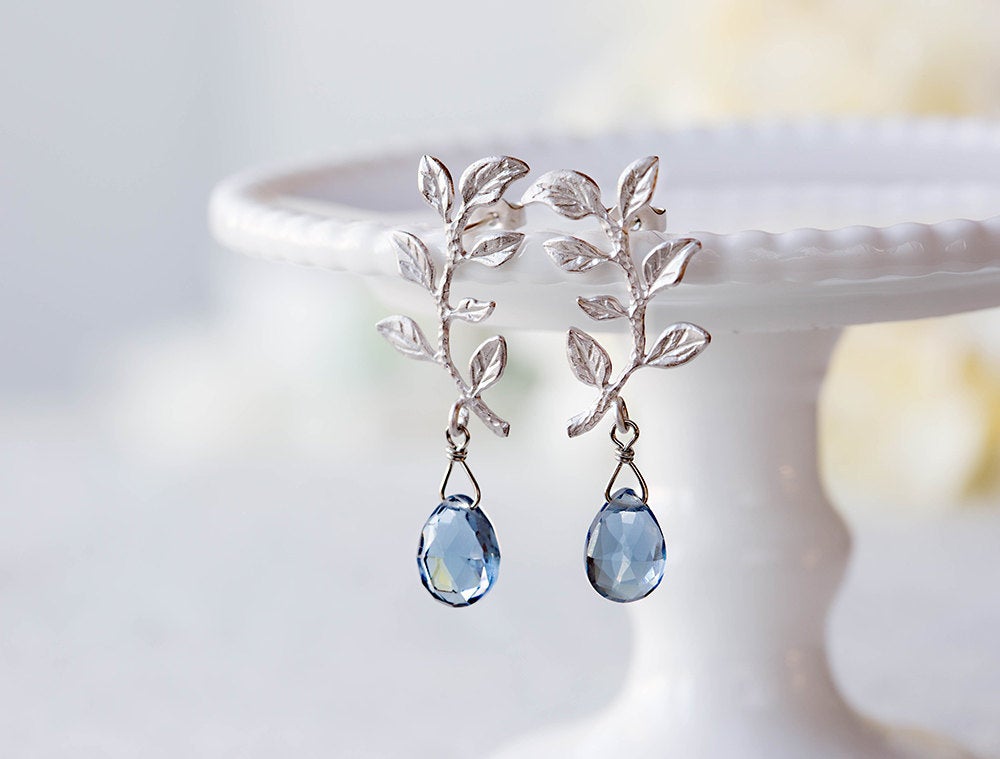 Silver Leaf Branch Post Earrings, Navy Blue Sapphire September Birthstone, London Blue Quartz, Gift for Mom Wife, Christmas Gift for her