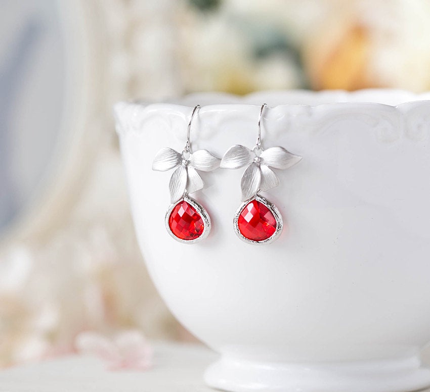 Red Wedding Earrings, Ruby Dangle Earrings, Siam Red Earrings, July birthstone Jewelry, Silver Earrings with Orchid Flower, Gift for Her