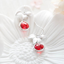 Load image into Gallery viewer, Red Wedding Earrings, Ruby Dangle Earrings, Siam Red Earrings, July birthstone Jewelry, Silver Earrings with Orchid Flower, Gift for Her
