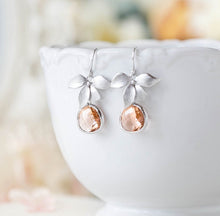 Load image into Gallery viewer, Champagne Earrings, Light Peach Earrings, Wedding Earrings, Bridesmaid Earrings, Bridesmaid Gift, Silver Orchid Flower Dangle Earrings
