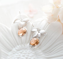 Load image into Gallery viewer, Champagne Earrings, Light Peach Earrings, Wedding Earrings, Bridesmaid Earrings, Bridesmaid Gift, Silver Orchid Flower Dangle Earrings
