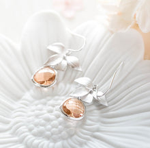 Load image into Gallery viewer, Champagne Earrings, Light Peach Earrings, Wedding Earrings, Bridesmaid Earrings, Bridesmaid Gift, Silver Orchid Flower Dangle Earrings
