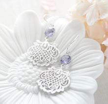 Load image into Gallery viewer, Silver Ornate Filigree Purple Crystal Earrings
