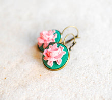 Load image into Gallery viewer, Emerald Green Pink Rose Cameo Earrings Vintage Style Leverback Lever Back Bezel Dangle Earrings Floral Cameo Jewelry Gift for Women her wife
