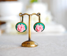 Load image into Gallery viewer, Emerald Green Pink Rose Cameo Earrings Vintage Style Leverback Lever Back Bezel Dangle Earrings Floral Cameo Jewelry Gift for Women her wife
