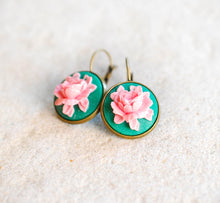 Load image into Gallery viewer, Emerald Green Pink Rose Cameo Earrings Vintage Style Leverback Lever Back Bezel Dangle Earrings Floral Cameo Jewelry Gift for Women her wife
