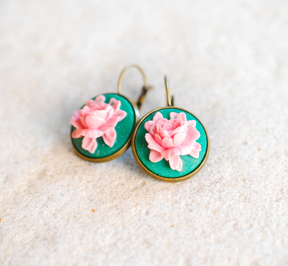 Emerald Green Pink Rose Cameo Earrings Vintage Style Leverback Lever Back Bezel Dangle Earrings Floral Cameo Jewelry Gift for Women her wife