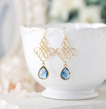 Load image into Gallery viewer, Navy Blue Earrings, Gold Navy Something Blue Wedding Earrings, Bridesmaid Earrings, Sapphire Montana Blue Drop Earrings, Chandelier Earrings
