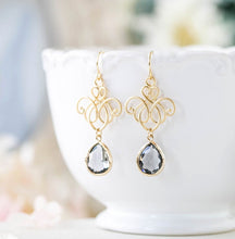 Load image into Gallery viewer, Gray Earrings Gold Grey Dangle Earrings Wedding Jewelry Bridesmaid Gift Charcoal Black Diamond Chandelier Earrings, Bridesmaid Earrings
