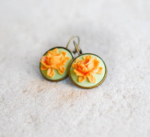 画像をギャラリービューアに読み込む, Orange Light Green Rose Cameo Earrings Victorian Style Leverback Lever Back Dangle Earrings Floral Cameo Jewelry Gift for Women Her Wife
