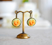 画像をギャラリービューアに読み込む, Orange Light Green Rose Cameo Earrings Victorian Style Leverback Lever Back Dangle Earrings Floral Cameo Jewelry Gift for Women Her Wife
