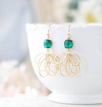 Load image into Gallery viewer, Emerald Green Earrings Gold Dangle Earrings Emerald Wedding Earrings Bridesmaid Earrings Bridal Jewelry May Birthstone Jewelry Gift for Her
