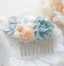 画像をギャラリービューアに読み込む, Powder Blue Dusty Blue Blush Pink Ivory Wedding Hair Comb, Silver Bridal Hair Comb, Floral Leaf Branch Country Wedding Barn Wedding Comb
