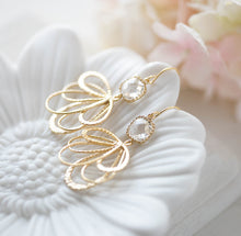 Load image into Gallery viewer, Clear Crystal Gold Filigree Dangle Earrings. bridesmaid Earrings
