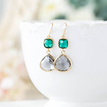 Load image into Gallery viewer, Emerald Green Gray Earrings Gold Charcoal Grey Dark Green Dangle Earrings Emerald Wedding Earrings Bridesmaid Earrings Gift for Mom Wife
