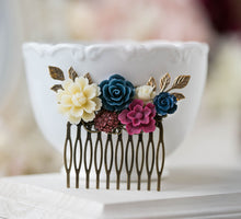 Load image into Gallery viewer, Maroon Navy Blue Wedding Hair Comb, Marsala Burgundy Dark Blue Ivory Floral Bridal Hair Comb, Rustic Vintage Hair Piece, Bridesmaid Gift
