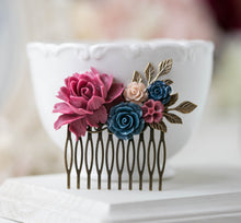 Load image into Gallery viewer, Maroon Plum Navy Blue Wedding Bridal Hair Comb Leaf Branch Rose Flower Floral Rustic Vintage Country Barn Wedding Hair Comb Bridal Hairpiece
