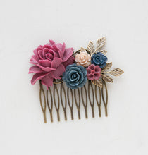 Load image into Gallery viewer, Maroon Plum Navy Blue Wedding Bridal Hair Comb Leaf Branch Rose Flower Floral Rustic Vintage Country Barn Wedding Hair Comb Bridal Hairpiece
