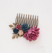 Load image into Gallery viewer, Maroon Plum Navy Blue Wedding Bridal Hair Comb Leaf Branch Rose Flower Floral Rustic Vintage Country Barn Wedding Hair Comb Bridal Hairpiece
