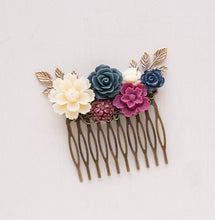 Load image into Gallery viewer, Maroon Navy Blue Wedding Hair Comb, Marsala Burgundy Dark Blue Ivory Floral Bridal Hair Comb, Rustic Vintage Hair Piece, Bridesmaid Gift
