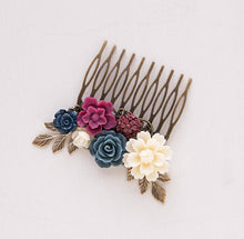 Load image into Gallery viewer, Maroon Navy Blue Wedding Hair Comb, Marsala Burgundy Dark Blue Ivory Floral Bridal Hair Comb, Rustic Vintage Hair Piece, Bridesmaid Gift
