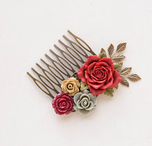 Load image into Gallery viewer, Red Latte Brown Gray Hair Comb Red Wedding Hair Comb Floral Bridal Comb Bridesmaid Gift Antiqued Gold Leaf Rustic Vintage Hair Accessory
