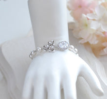 Load image into Gallery viewer, Bridal Bracelet Silver Clear Crystal Cubic Zirconia Cream White Pearl Bracelet Silver Wedding Jewelry Cherry Blossoms Lilac Flower Bracelet
