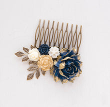 画像をギャラリービューアに読み込む, Navy Blue Hair Comb, Navy and Gold Wedding Bridal Hair comb, Rustic Vintage Bridal Hair Piece, bridesmaid Gift, Romantic Wedding Hairpiece
