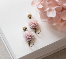 Load image into Gallery viewer, Pale Dusty Pink Earrings Blush Pink Rose Flower Cream White Pearl Dangle Earrings Pink Wedding Bridesmaid Gift Romantic Vintage Lever back
