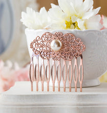 Load image into Gallery viewer, Rose Gold Hair Comb, Rose Gold Wedding Bridal Hair Comb, Winter Fall Autumn Wedding, Bridesmaid Gift, Filigree Champagne Pearl Comb
